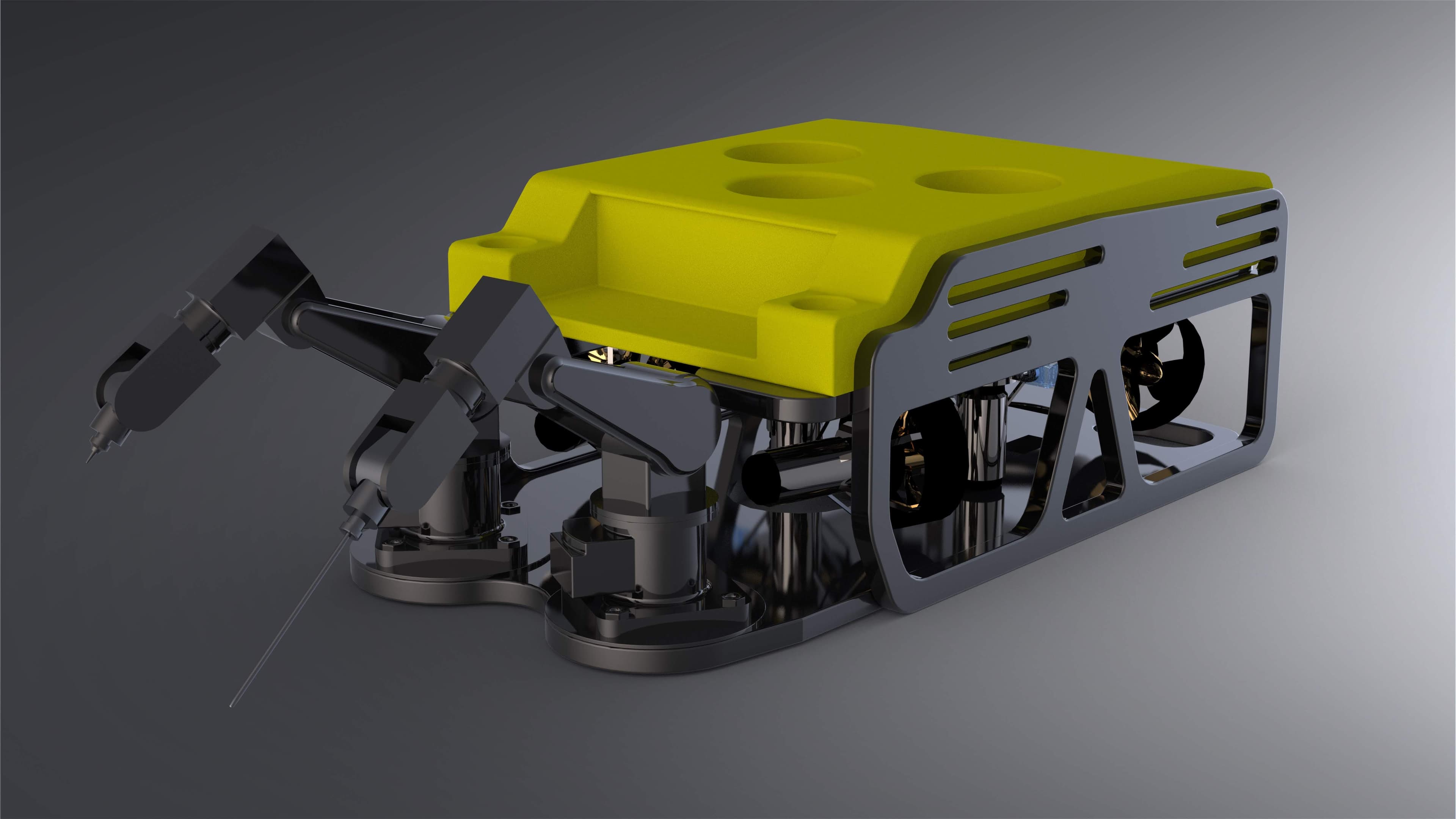 CAD render of the autonomous underwater welding and inspection ROV: yellow buoyancy body, chrome frame, thrusters, and two robotic arms carrying a welding torch and an immersion probe