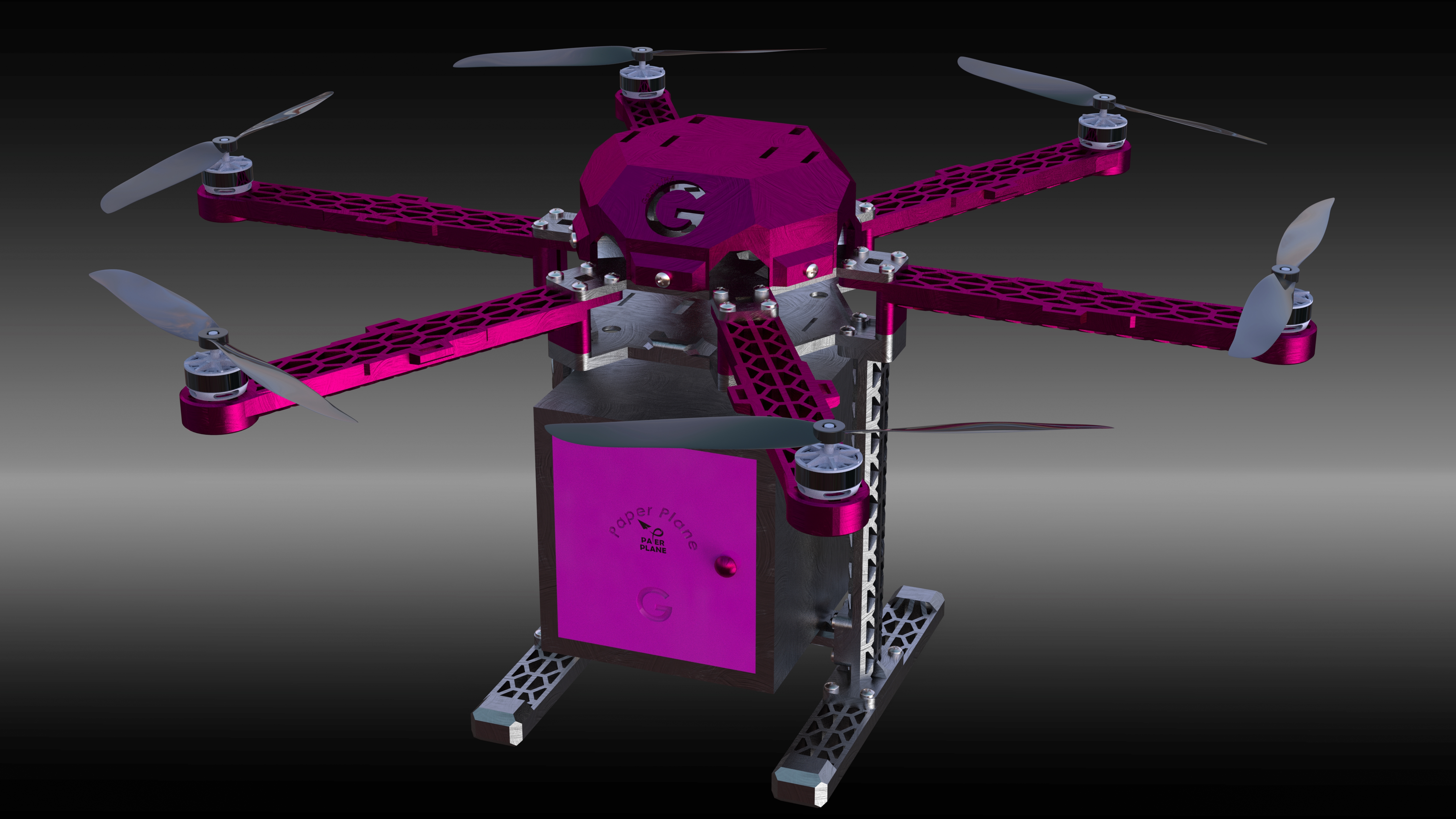 Paper Plane kargo insansız hava aracının CAD render’ı: altı rotorlu gövde, altında kargo kutusu ve Paper Plane markası